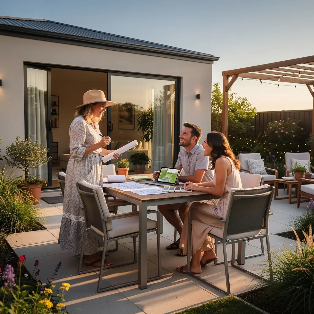 Przestronny pokój dzienny z dużymi oknami i widokiem na ogród.